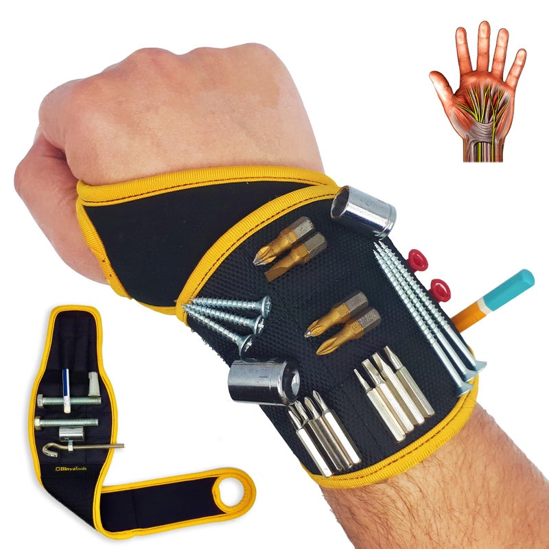 BINYATOOLS Magnetic Wristband for Tools Magnet Screw Holder Wrist Support Keeps Screws Nails Drill Bits Handy Unique Tool Gadgets for Men's & Dad Perfect Christmas Gifts Stocking Stuffers (BLACK) - Image 1